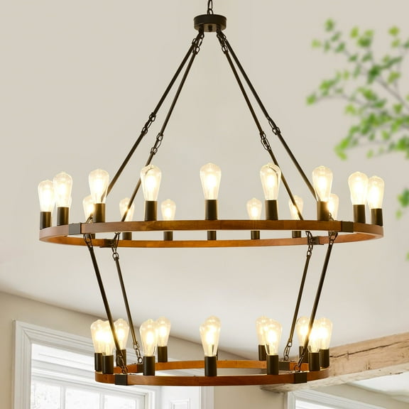 Farmhouse Wagon Wheel Chandelier, 32-Light Rustic Wood 2-Tier Pendant Light - Perfect for Dining Rooms, Kitchens, Foyers & Entryways