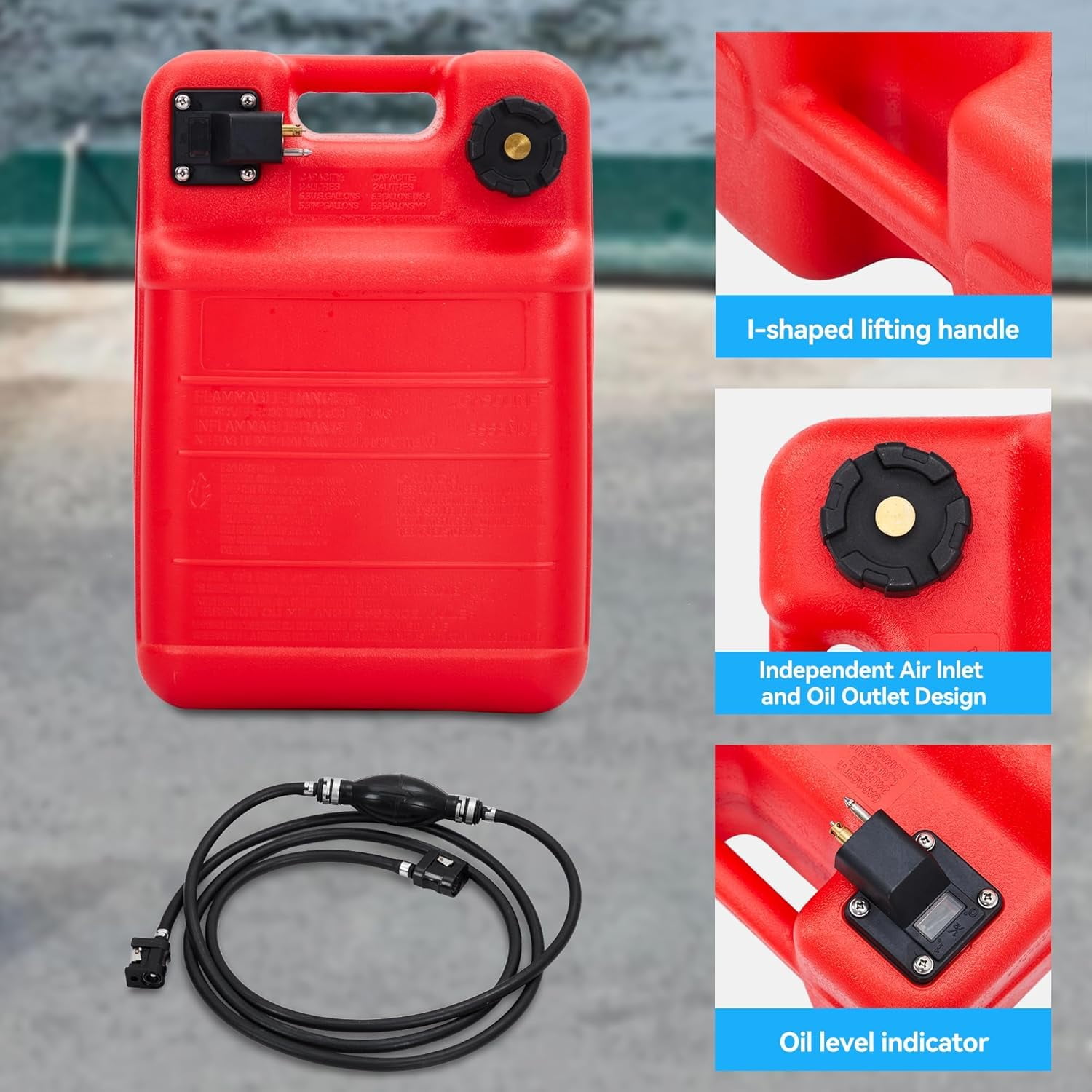 6 Gallon Portable Marine Gas Tank, 24L Red Boat Fuel Tank with Universal Connector, I-Shaped Handle & Integrated Fuel Gauge for Outboard Engines