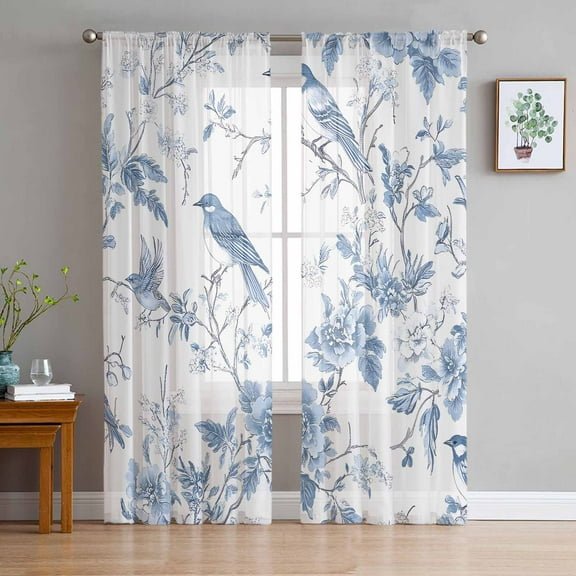 White Blue Spring Floral Sheer Curtains 72 Inches Long 2 Panels Set, Window Sheer Curtains for Living Room/Bedroom, Summer Birds Botanical Light Filtering Rod Pocket Curtain 52'' x 72'' x 2
