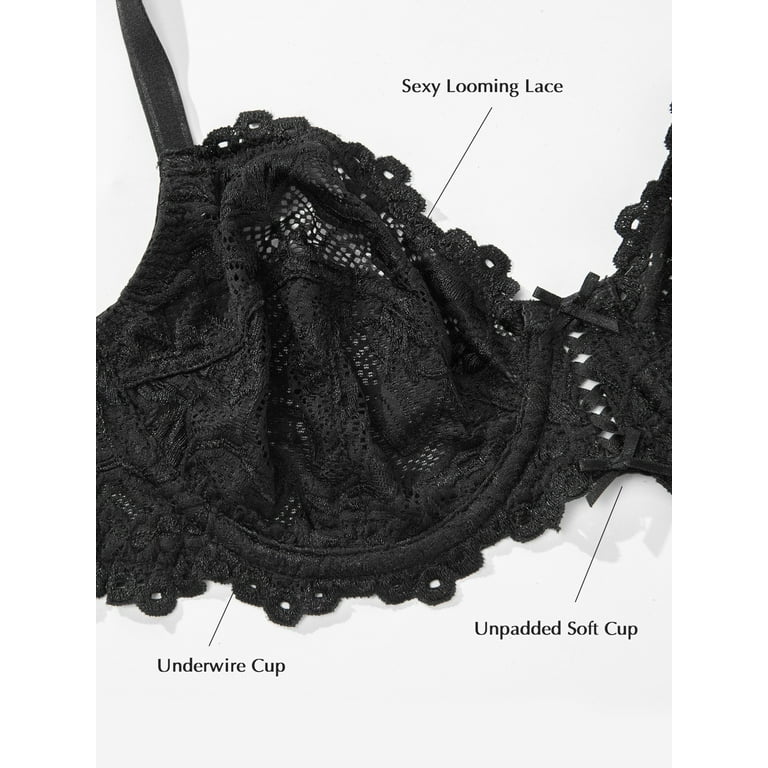 Deyllo Women's Non Padded Sheer Lace Bra Unlined Plus Size Underwire Bra,  Black 34G 