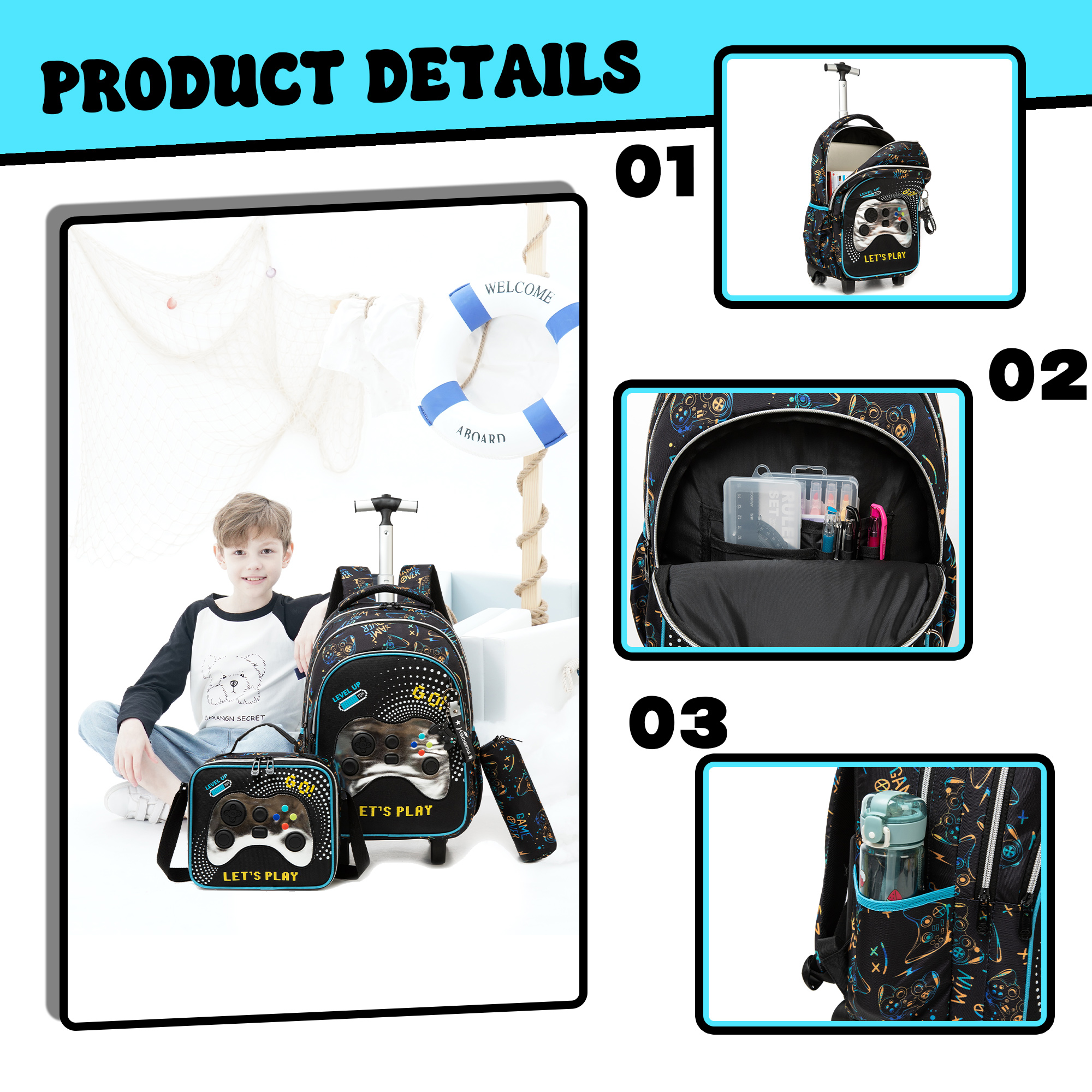Kids Rolling School Backpack Boys with Lunch Box Pencil Case Roller Bookbag with Wheels Age 8-10 Teen Red Car
