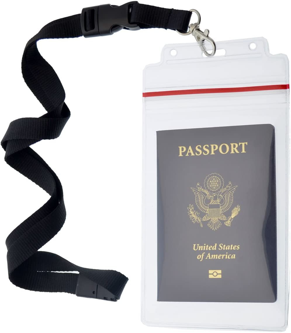 Passport Holders - 2 Pack - Heavy Duty Water and Tear Resistant Resealable  Sleeves & Premium Breakaway Lanyard - 4X6 Insert for Vaccination Cards,  Cruise, Travel, and Beach Vacation Documents (Black) 