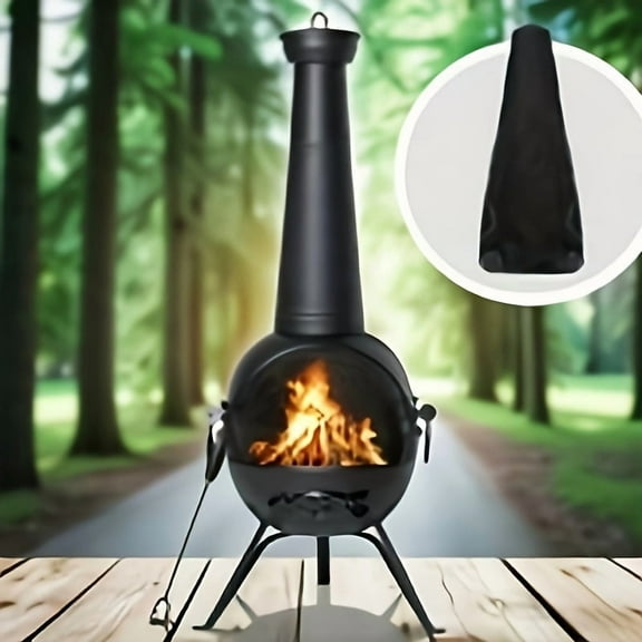 54.5" Cast Iron Round Fire Pit Chimney - Black, Adjustable Spark Screen, for Garden/Patio, Wood-Burning