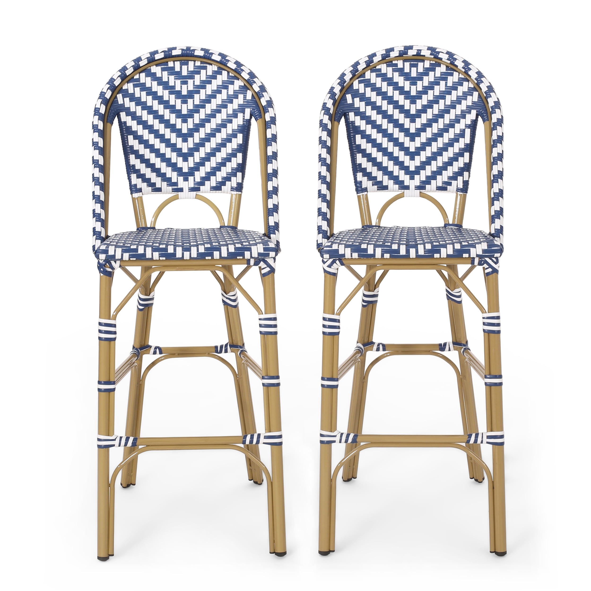 Outdoor French Style Bar Stool Set of 2 29.5 Inch, PE Rattan Frame Height Seats for Patio Bar, Navy Blue and White