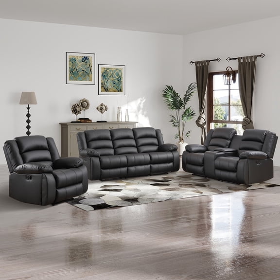 Bonzy Home Faux Leather Manual Recliner Sofa Set, Recliner Chair, Loveseat Reclining Sofa and 3 Seat Recliner Sofa, Couch Furniture Set for Living Room, Meeting Room, Black(Recliner Loveseat Sofa)