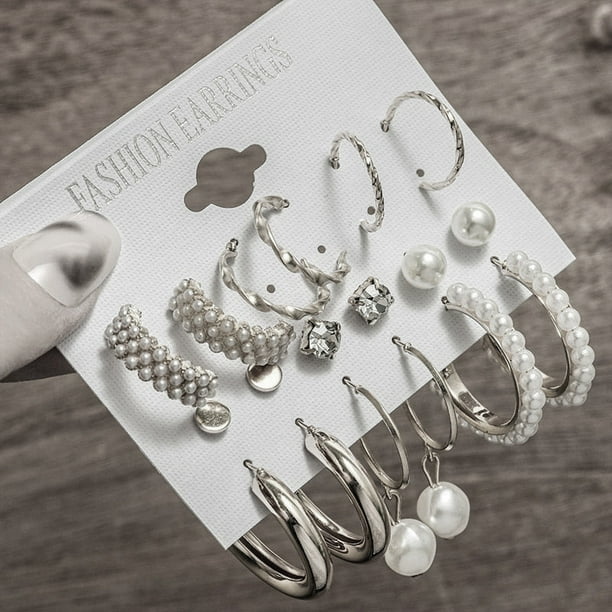 Conjunto de pendientes de perlas sintéticas, conjunto de 9 piezas para pendientes femeninas