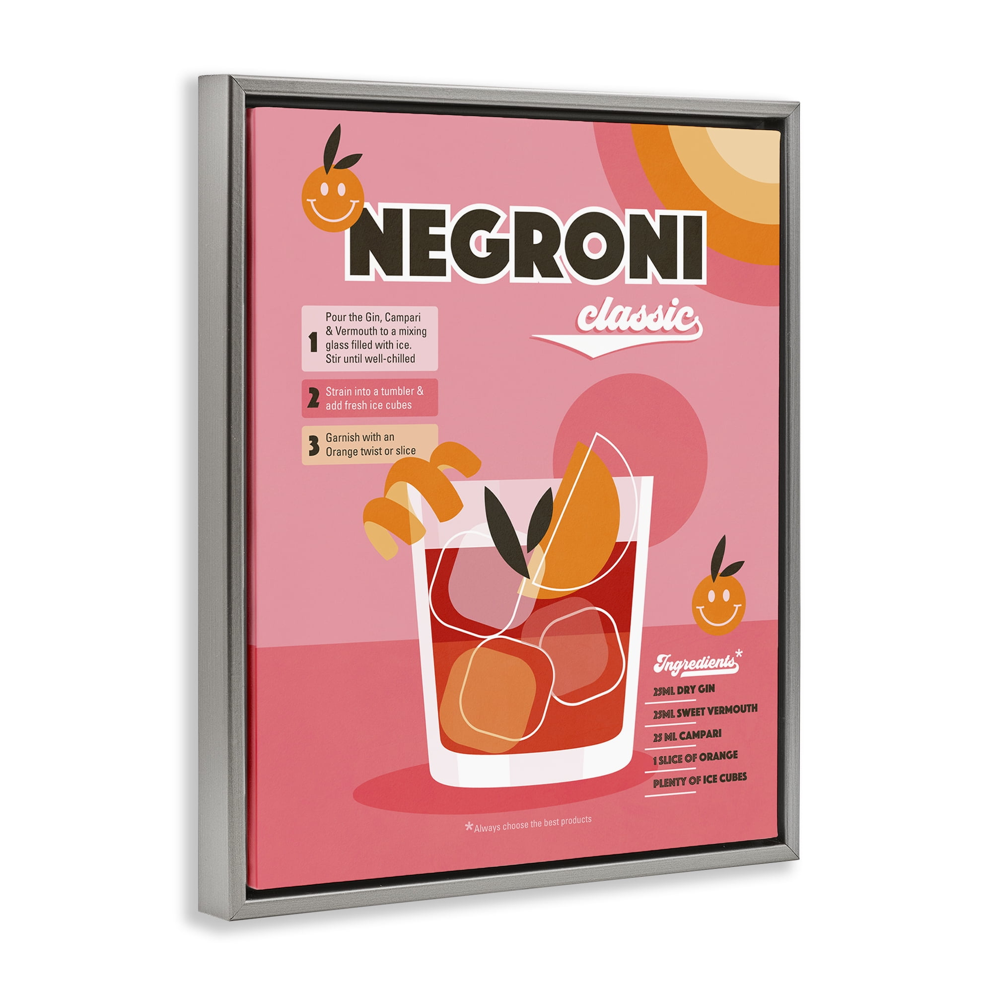 Stupell Industries Retro Negroni Cocktail Recipe Food & Beverage Painting Gray Floater Framed Canvas Art Print Wall Art, 25 x 31