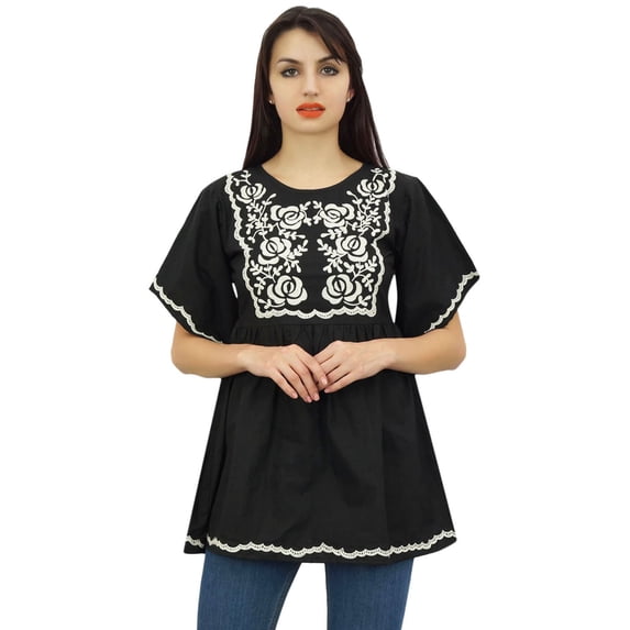 Phagun Women's Summer Aari Work Handkerchief Sleeve Cotton Black Tunic Top-6