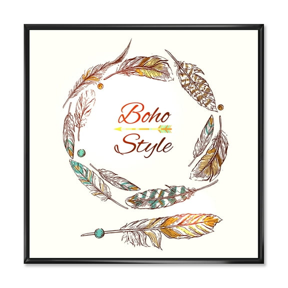 Designart 'Wreath Of Ethnic Beige Boho Feather' Bohemian & Eclectic Framed Canvas Wall Art Print