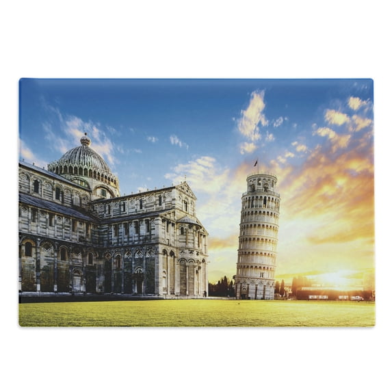 Italy Cutting Board, Place of Miracoli Complex with the Leaning Tower of Pisa in Front Tourist Attraction, Decorative Tempered Glass Cutting and Serving Board, Large Size, Multicolor, by Ambesonne