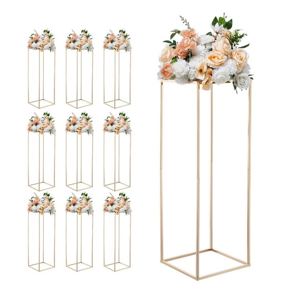 KFFKFF Set of 10 Gold Floral Display Stands, 31.5-inch Metal Column Stands with Rectangular Design, Ideal for Weddings, Parties, Birthdays, and Home Decorations