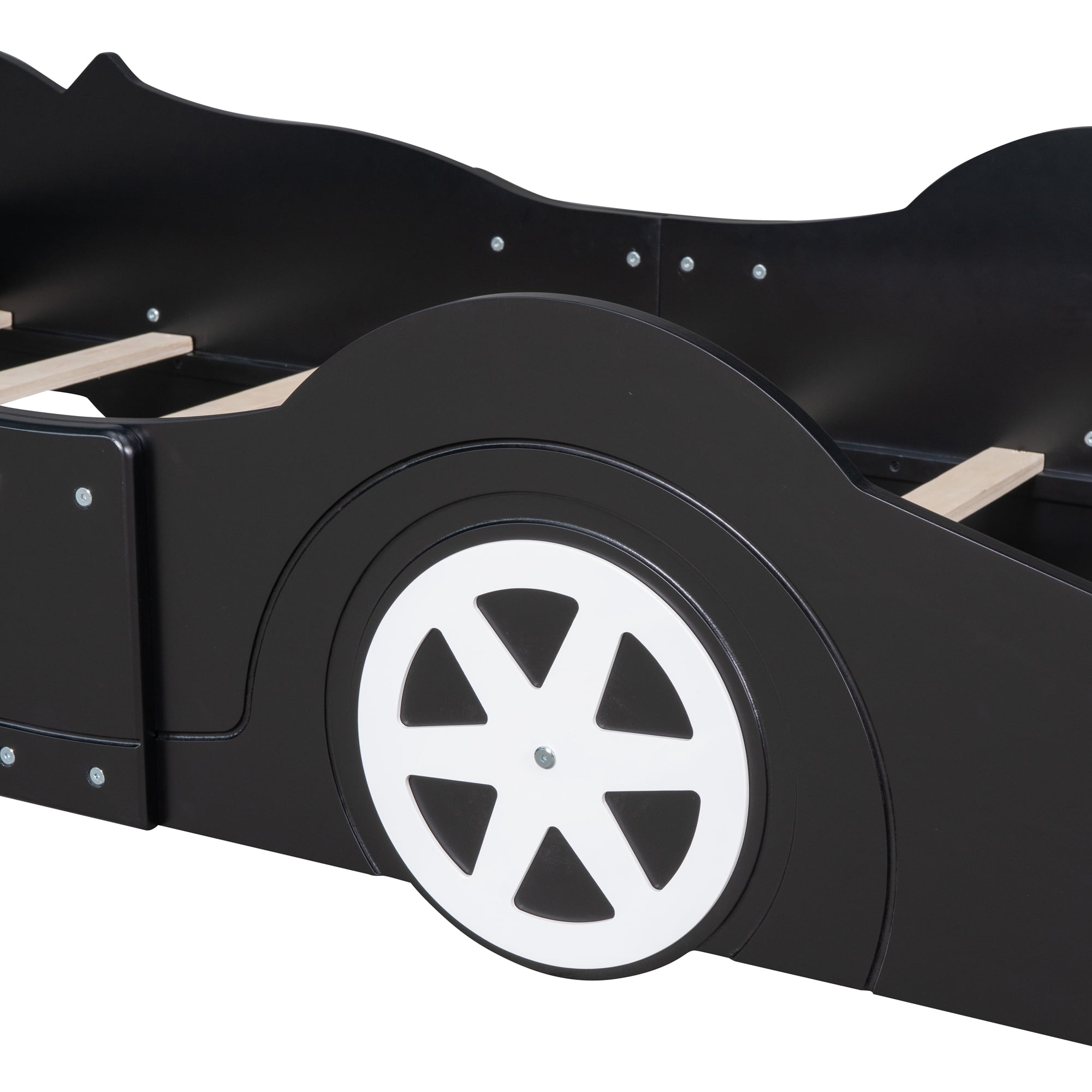 Daatumm Full Racing Platform Bed with Dynamic Speed Accents & Rolling Wheels - Jet Blue Upholstered Bed Frame for Themed Bedrooms & Playful Spaces