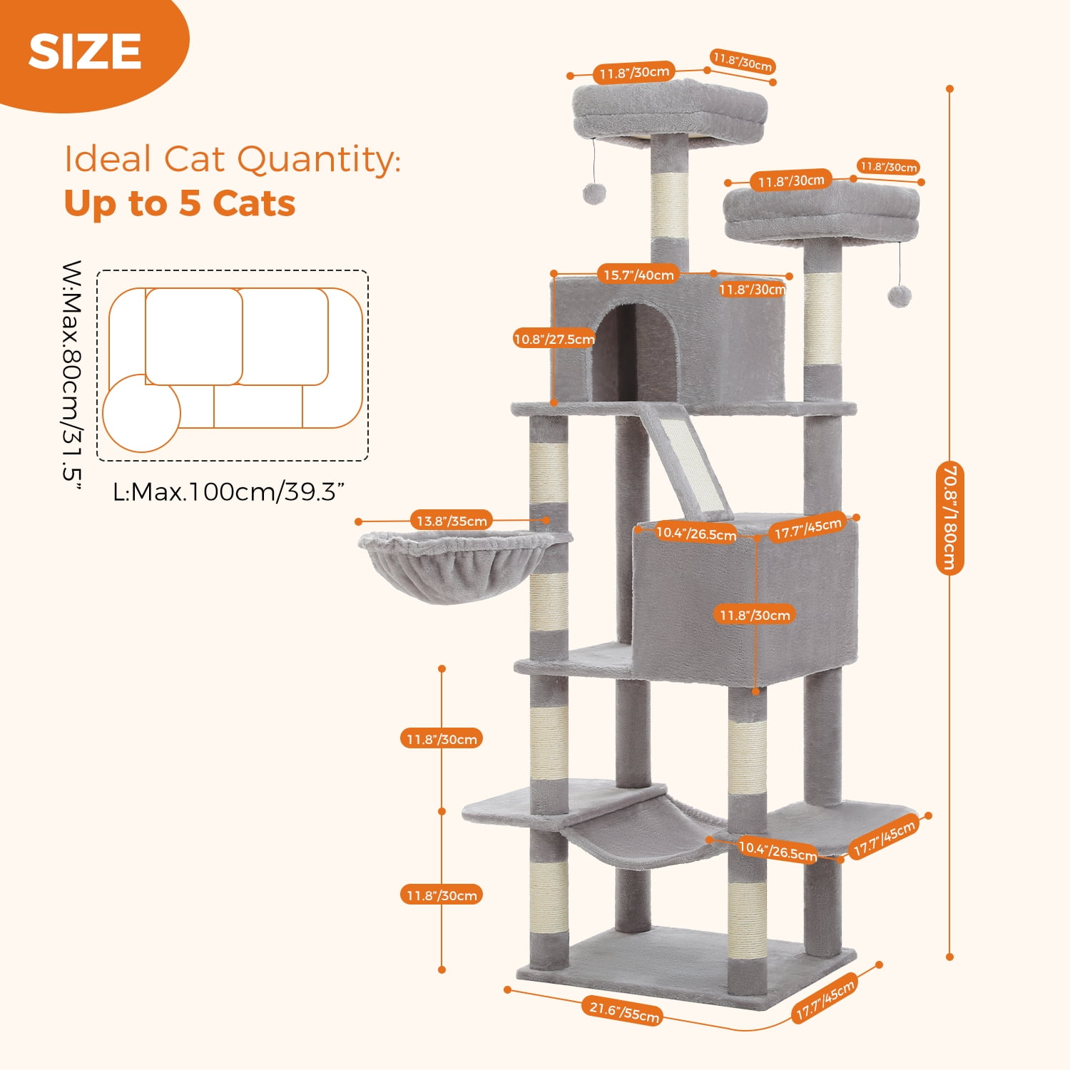 Pefilos 70.8" Tall Cat Tree for Adult Indoor Cats, 8-Levels Large Cat Tower with 8 Sisal Posts, 2 Hammocks, 2 Condos, Big Perch & 3 Pom Poms, Beige