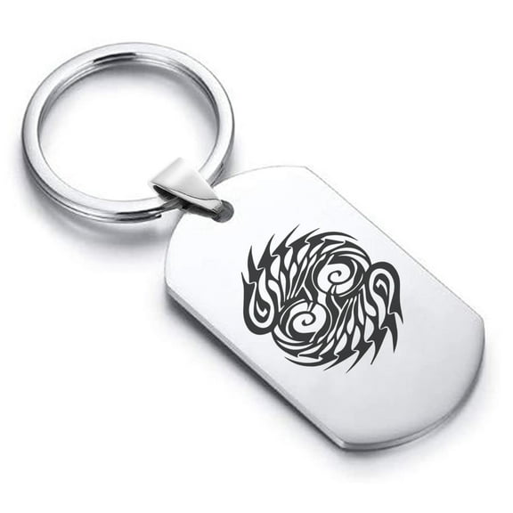 Stainless Steel Tribal Pisces Zodiac (Two Fishes) Dog Tag Keychain Circle Ring