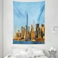thumbnail image 1 of Landscape Tapestry, New York City Skyline USA Landmark Buildings Skyscrapers Modern Urban Life, Wall Hanging for Bedroom Living Room Dorm Decor, 60W X 80L Inches, Light Blue Orange, by Ambesonne, 1 of 2