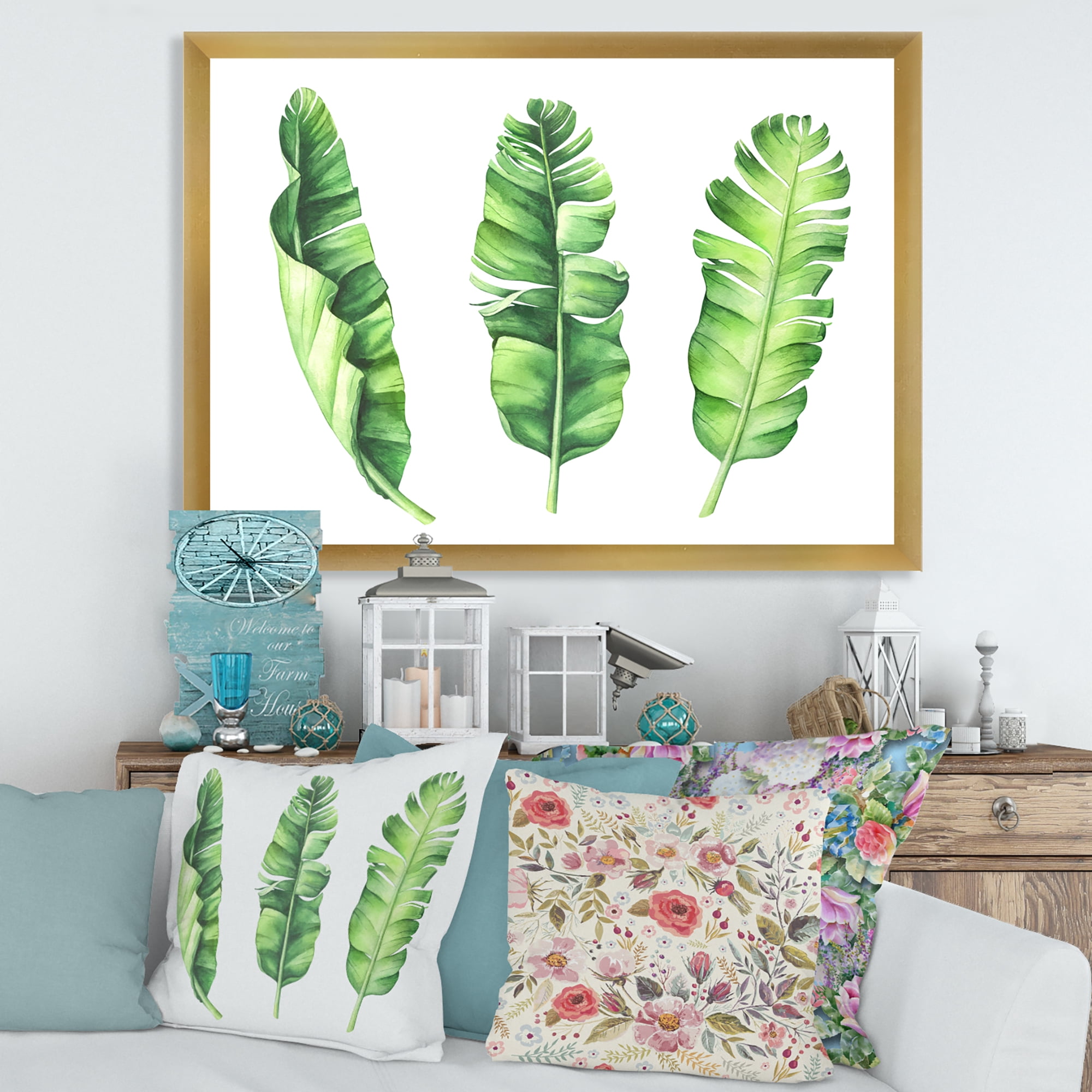 Designart 'Tropical Banana Leaves Set On White' Farmhouse Framed Art Print