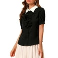 thumbnail image 5 of MODA NOVA Junior's Contrast Collar Tie Ruffle Button Short Sleeve Work Shirt Black XS, 5 of 6