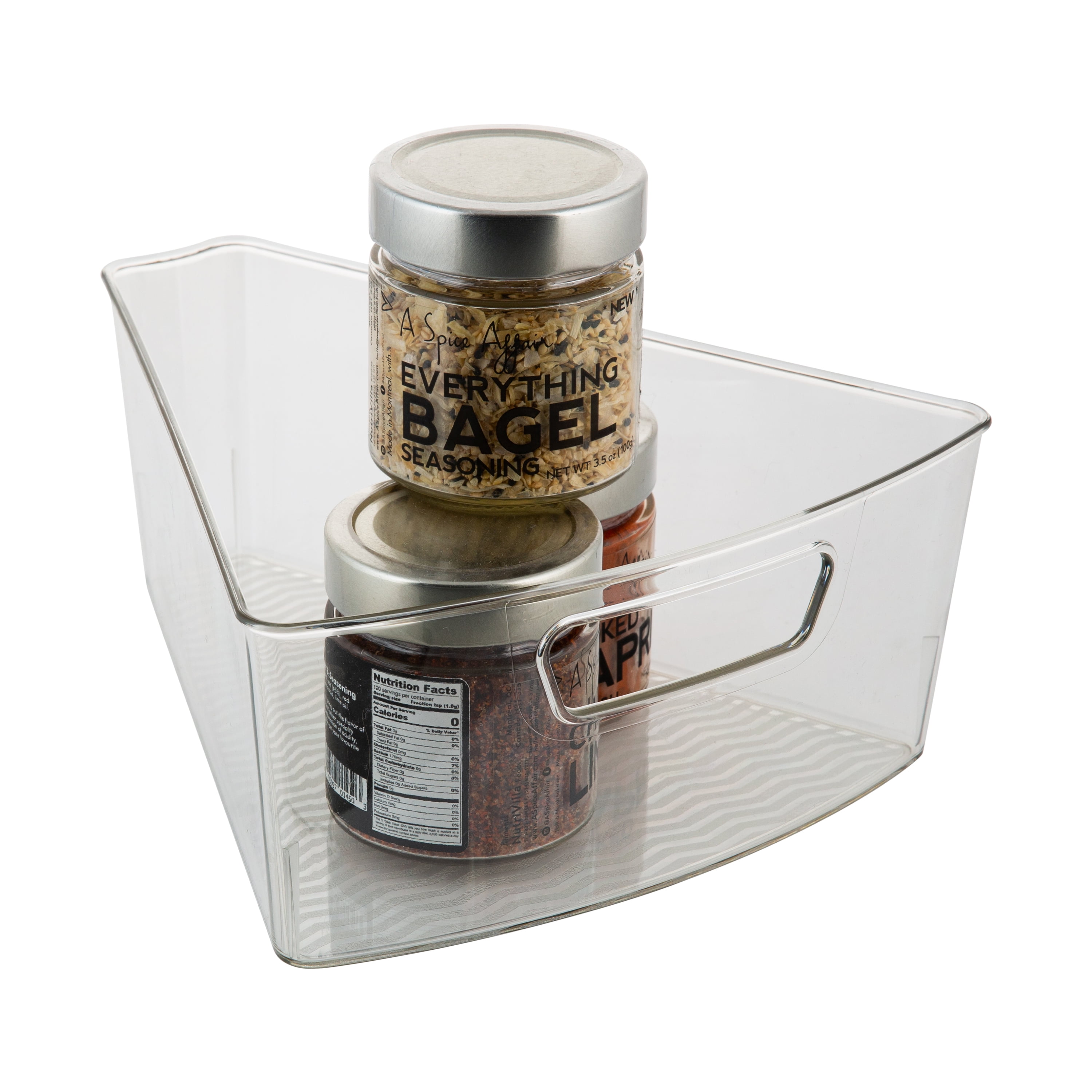 Kitchen Details 2 Pack Lazy Susan Bin | Triangular Pantry Organizer |  Corner Cabinet | Handle | Spice Jars | Cans | Clear