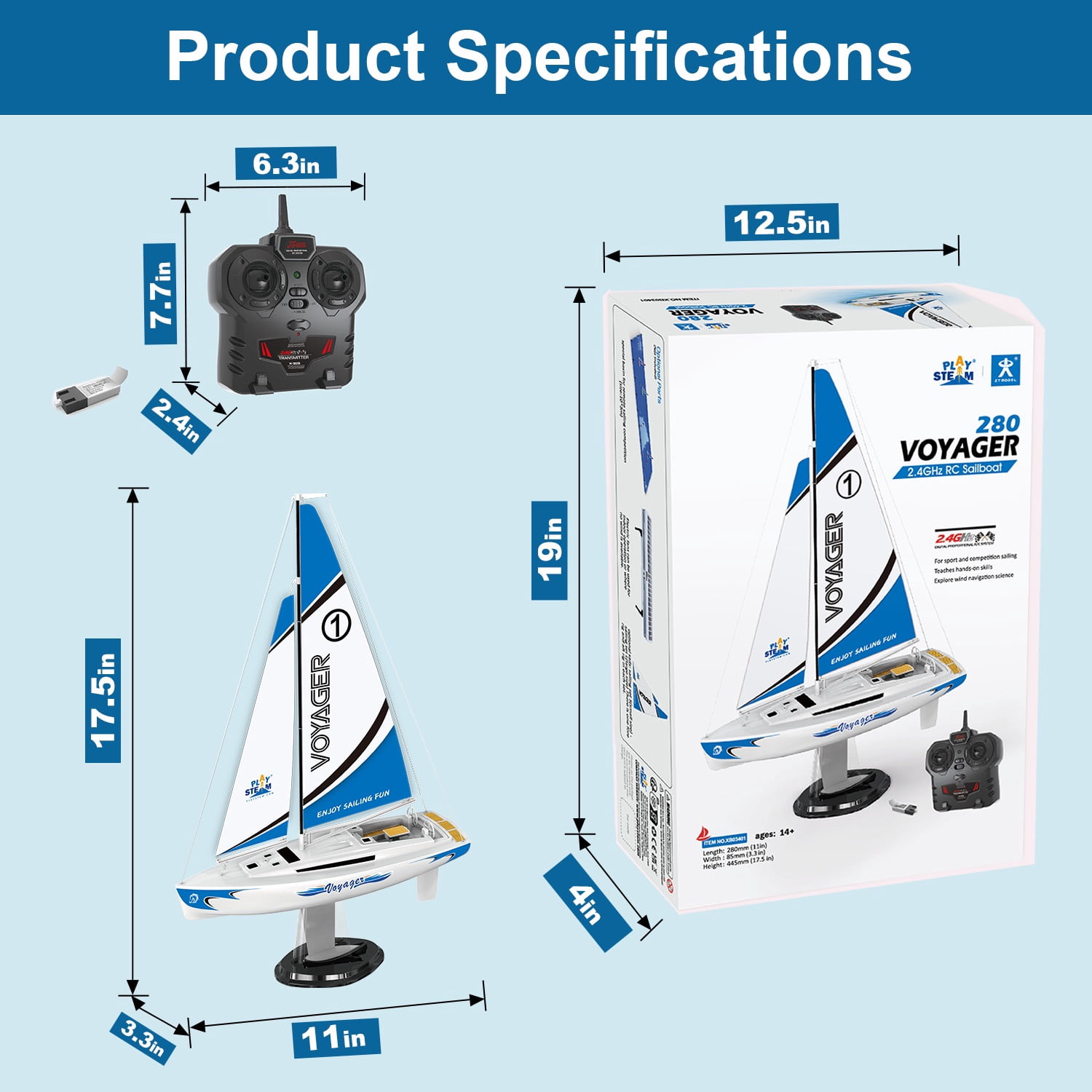 PLAYSTEAM Voyager 280 STEM Science 2.4GHz RC Sailboat Wind Powered Model with Adjustable Sail and Rudder for Learning Wind Direction , Blue