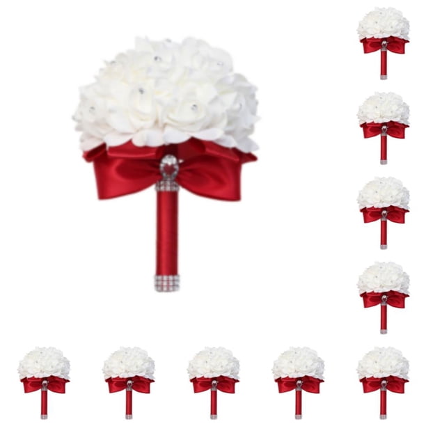 Ramo de boda Qarigey flores PE 10piezas Cinta roja vino