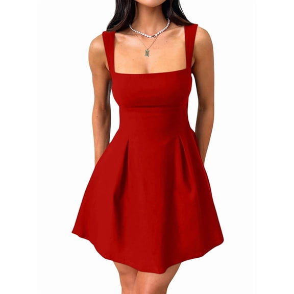 Women's Sleeveless Square Neck Adjustable Straps Tie Back A-Line Mini Party Club Dress Red S