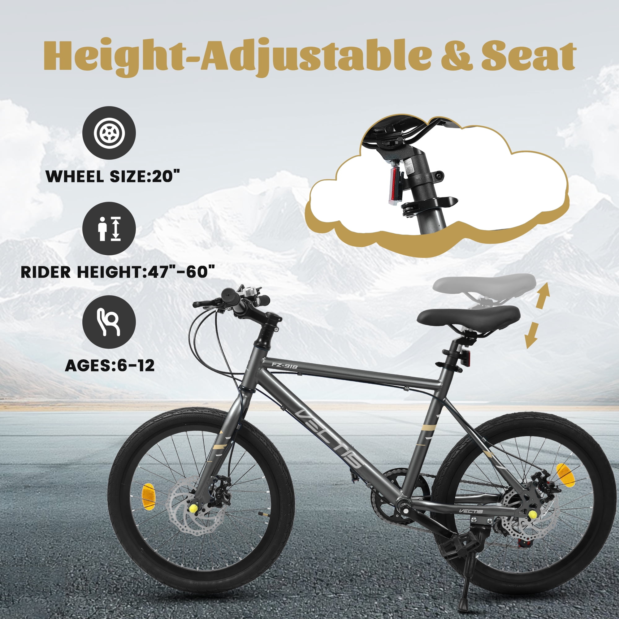 Aukfa 20" Kids Bike for Boys Girls,7-Speed Steel Frame,Dual Disc Brakes,Black