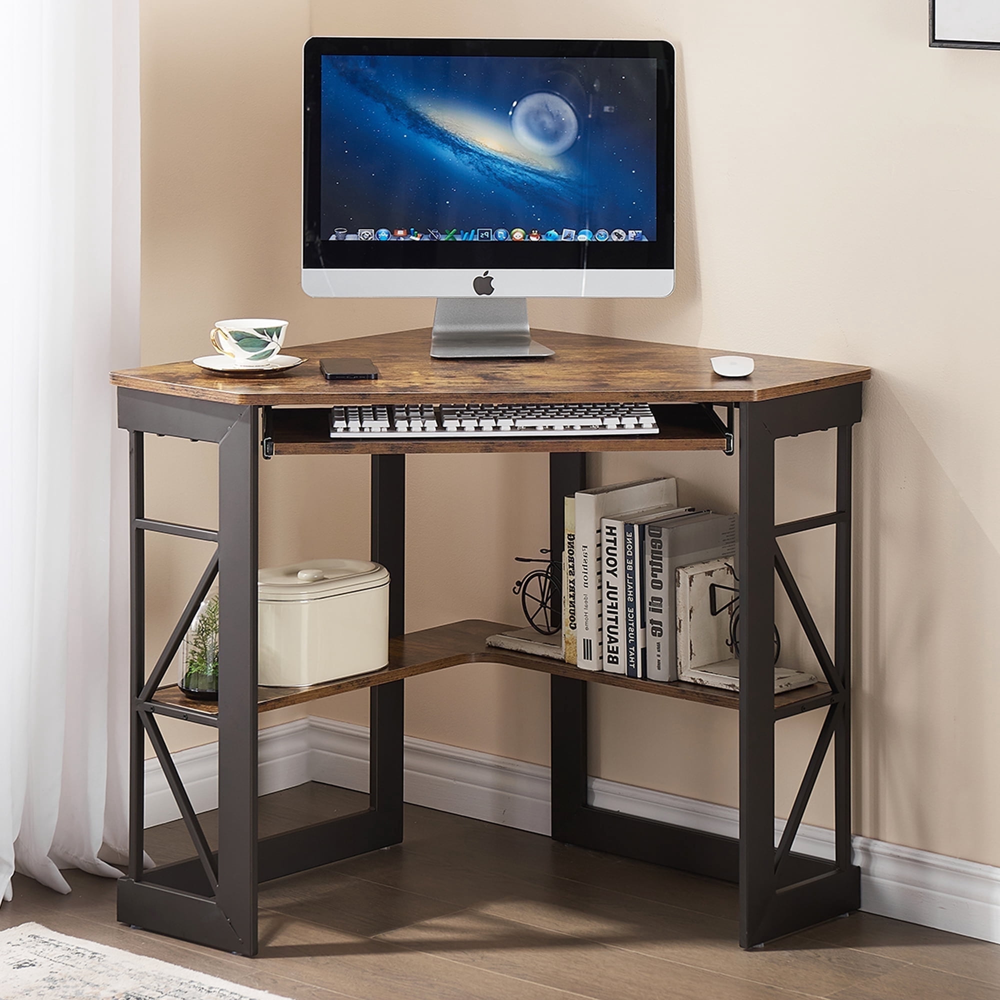 VECELO Corner Computer Desk with Keyboard Tray and Storage Shelf, Student Study Writting Table Workstation for College Dorm Apartment Home Office, Antique Brown (90 Degrees)