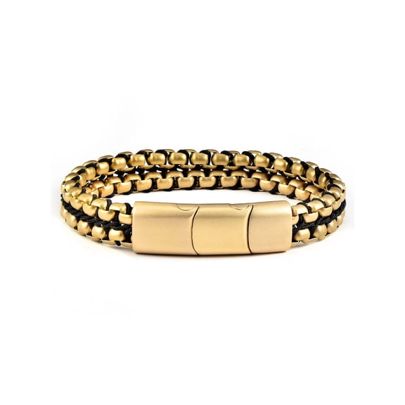 Crucible Jewelry Men's Matte Finish Double Row Box Chain Gold Plated Steel Bracelet (11mm) - 7.75" 0.5" Ext