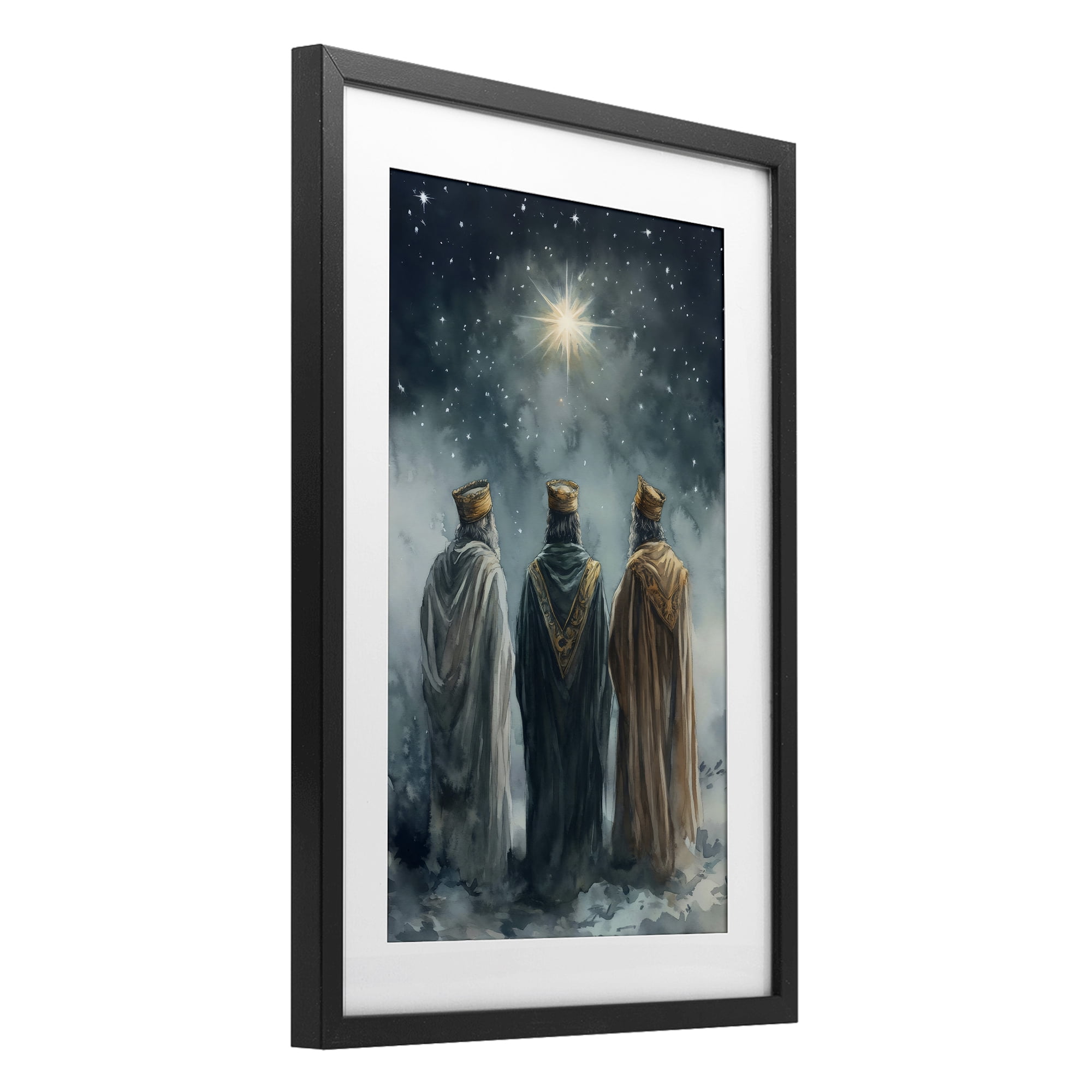 Three Wise Men & North Star Black Framed Print Under Glass, design by Petal Prints Design