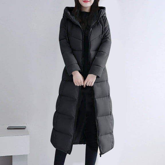 jtjvou Long Puffer Jacket For Women Plus Size Zipper Hooded Jacket 2025 Winter Warm Thick Long Sleeve Quilted Coat Outerwear Black M