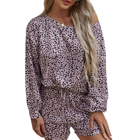 

Simooset Women s Leopard Print Long Sleeve Round Neck Loose Short Pajamas Set