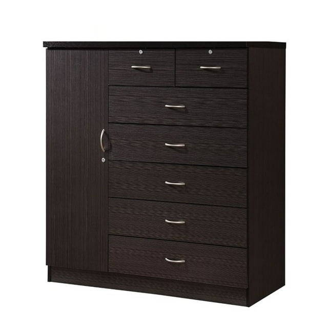 Pemberly Row Tall 7 Drawer Chest with 2 Locking Drawers and Garment Rod or Extra Storage in Chocolate Brown