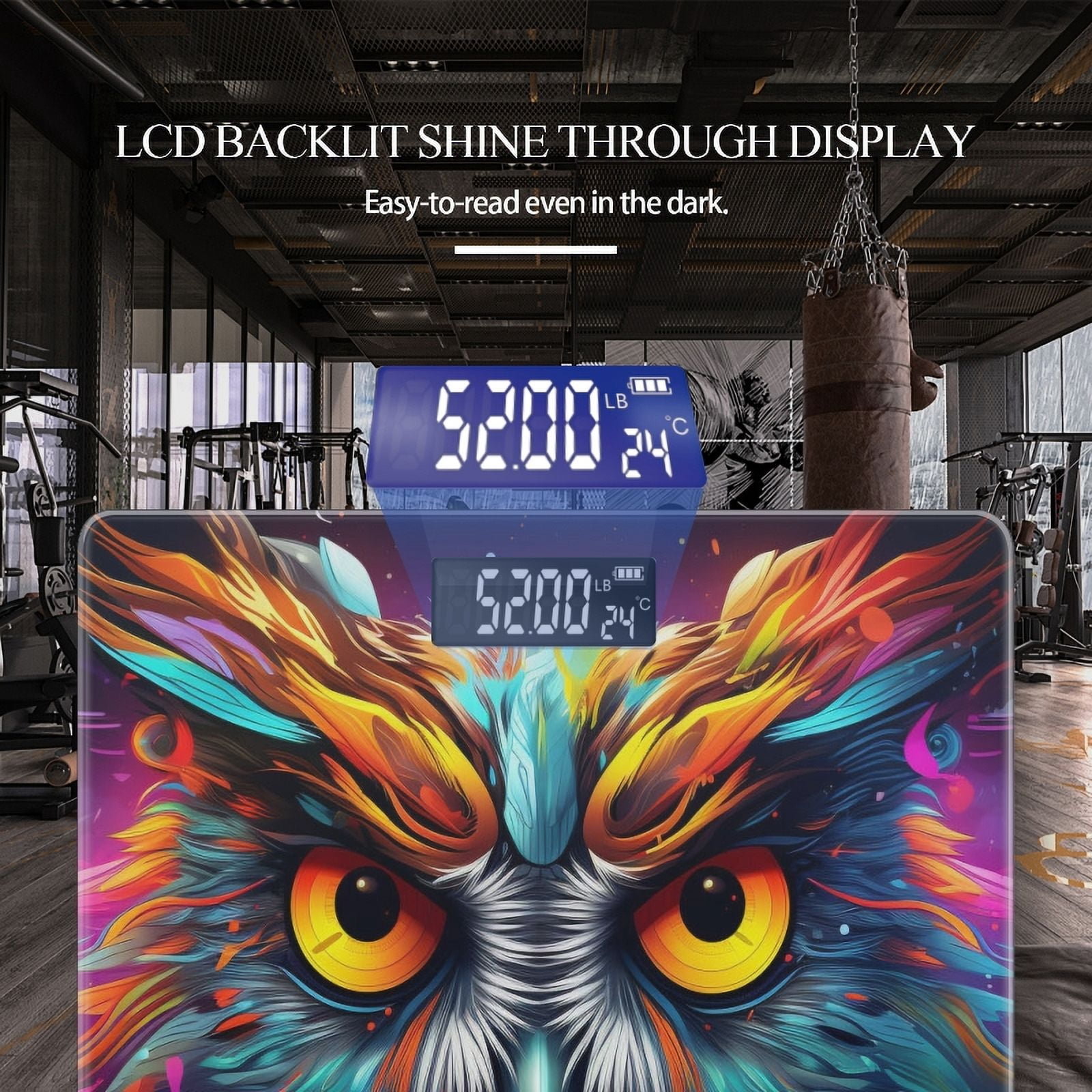 High Precision Body Weight Scale Smart Bathroom Scales with Large LCD Display(400lbs),Decorative for Bedroom-Colorful Owl Face With Glowing Eyes On Dark Background