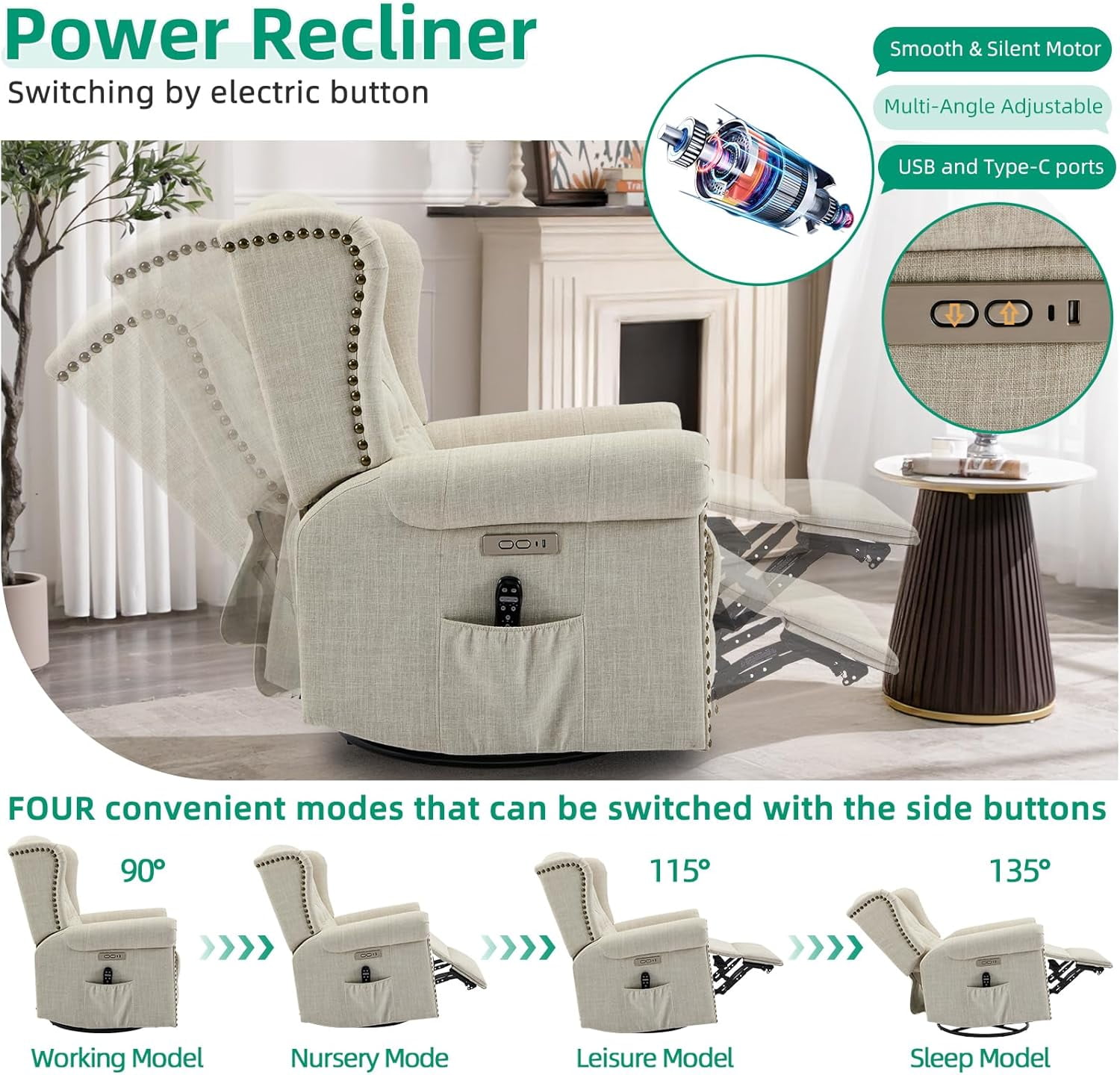 VIVIJASON Power Swivel Rocking Recliner Chair with Massage & Heat, Electric Rocker Glider Chair for Nursery, Wingback Tufted Upholstered Recliner W/Type-C & USB Ports for Living Room, Bedroom, Beige