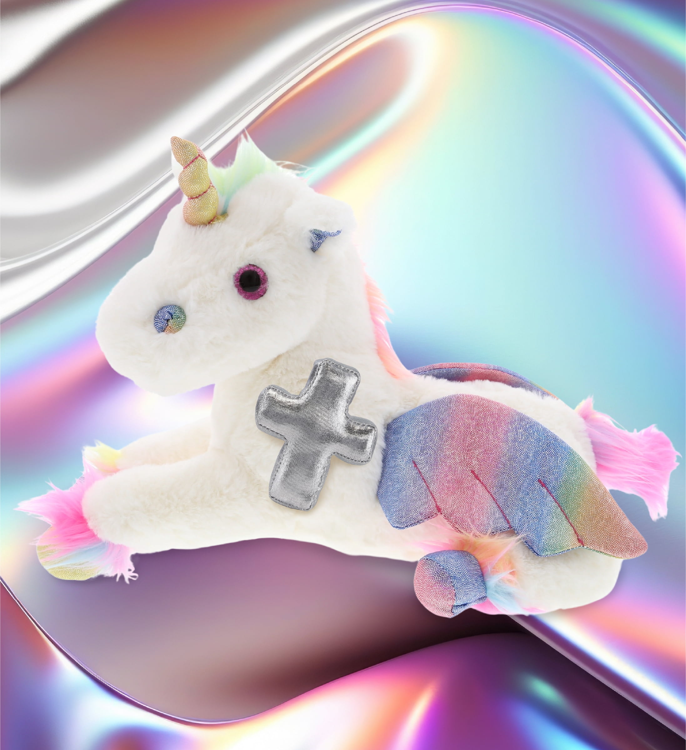 DolliBu Royal Flying Unicorn Stuffed Animal with Silver Cross Plush - Religious Baptism Gifts for Boys and Girls, Dedication Christening Gifts Plush Prayer Toy Healing Stuffed Animal - 8 Inches