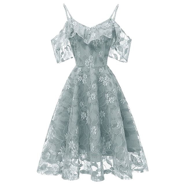 WREESH Robe de Soirée pour Femmes en Dentelle, Épaules Dénudées, Bretelles, Manches Courtes, Robe Cocktail, Bal de Promo, Robe Vintage