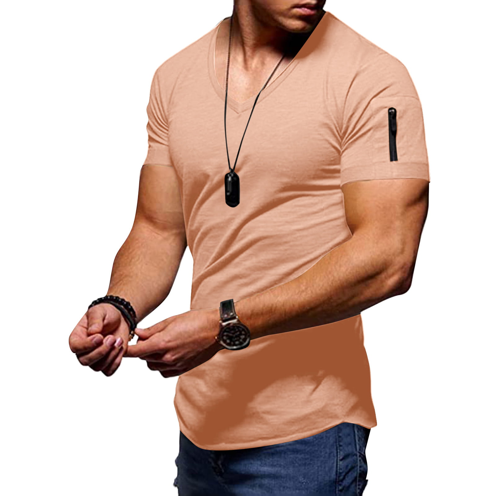 Mens Summer Fashion Casual Solid Color Zipper Pocket T Shirt Short