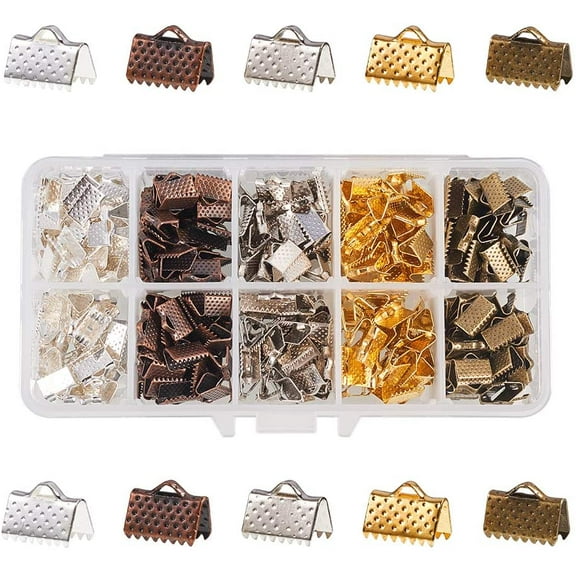 400PCS 5 Color Iron Ribbon Ends Bracelet Bookmark Pinch Clamp Cord Ends Fasteners Clasp Leather Crimp Ends Choker Jewelry Making Findings 10x7mm