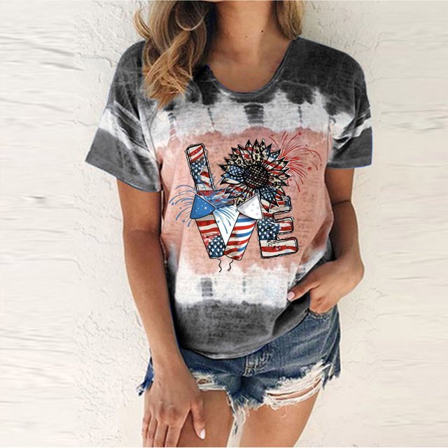 Fiudx Tops para Mujer Camiseta de Manga Corta con Cuello Redondo y Estampado Del Día de La Independencia para Mujer