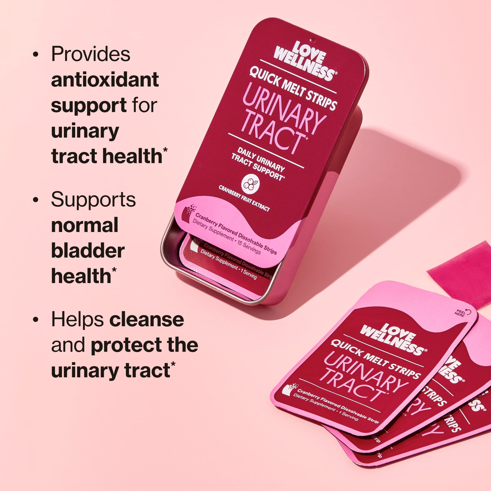 Love Wellness Urinary Tract Quick Melt Strips with 36mg PACs from Cranberry Extract - 15 Count