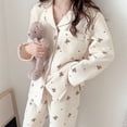 thumbnail image 1 of Conjunto de pijama de algodón grueso y cálido para mujer, clásico, con dibujos de osos, para otoño e invierno, 1 of 6