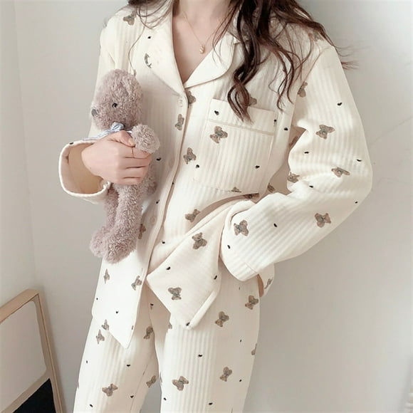 Conjunto de pijama de algodón grueso y cálido para mujer, clásico, con dibujos de osos, para otoño e invierno