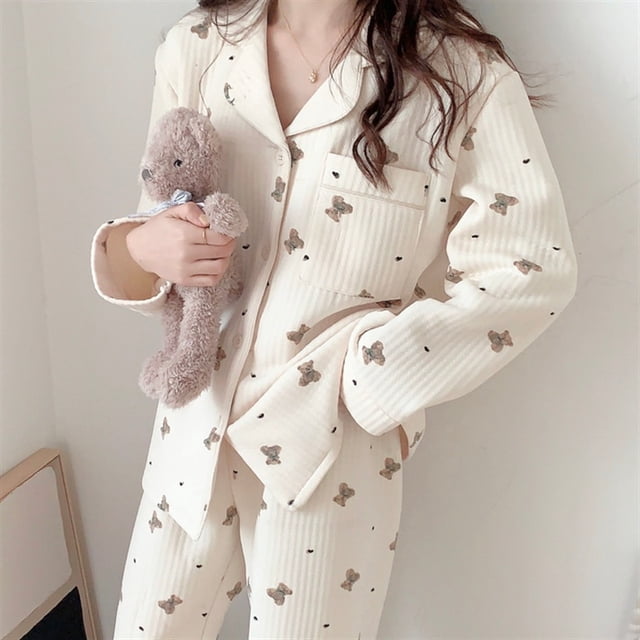 Conjunto de pijama de algodón grueso y cálido para mujer, clásico, con dibujos de osos, para otoño e invierno