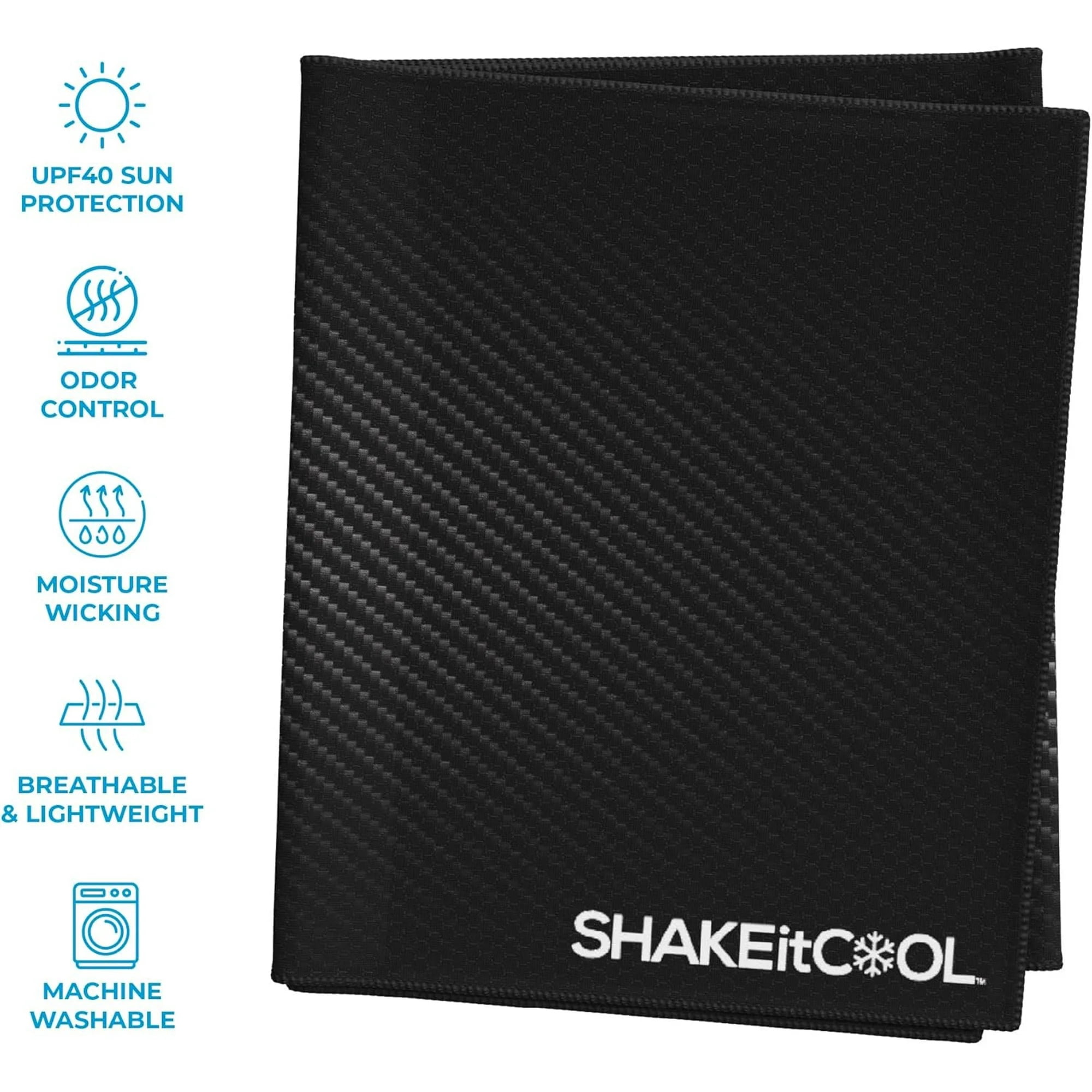 SHAKEitCOOL Extended Size Cooling Towel – Be Cool in Style - Heat Relief, Soft, Lightweight, Sun Protection, Easy Clean - Perfect for Biking, Hiking, Running, Yoga, Golf, Gardening - Carbon Fiber M