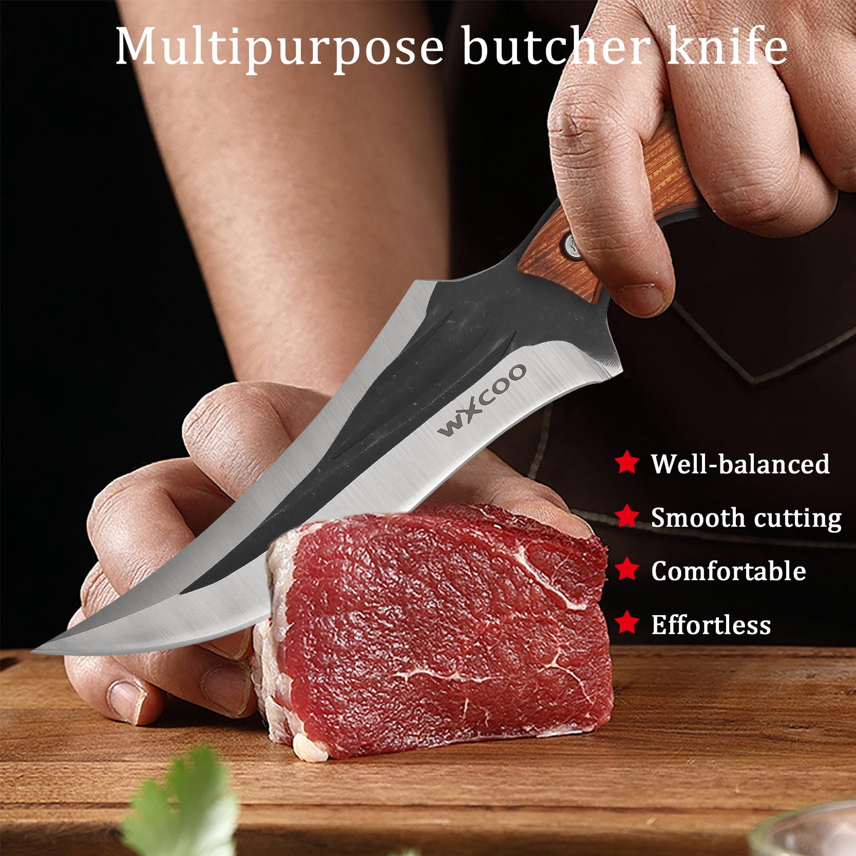 2-Piece Forged Fixed Blade Knives, Wood & Metal Composite Handle Ring Tactical Hunting Knife Set with Sheath