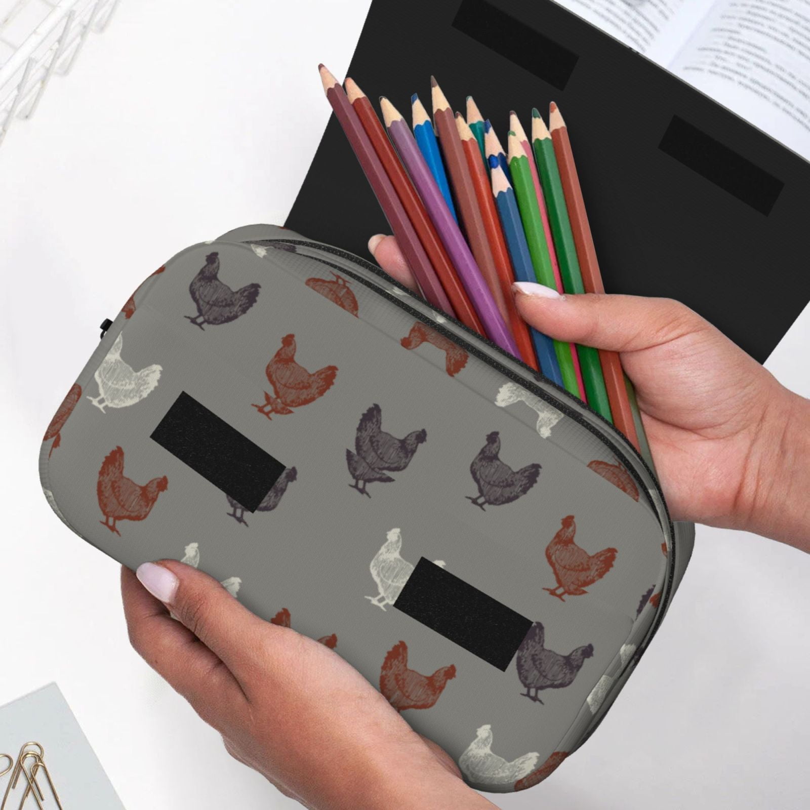 Rateoe Rooster Pattern Double Clamshell Pen Case, Storage Organizer with Two Zipper Compartments– Holds Up to 50 Pencils & Pens