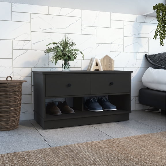 Black Storage Bench With Two Drawers And Open Shelves For Elegant A Graceful Home Look