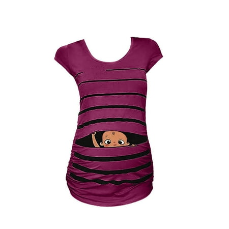 

Baycosin Maternity Clothes Summer Cute Funny Baby Print Striped Short Sleeve O-neck T-shirt Pregnant Tops
