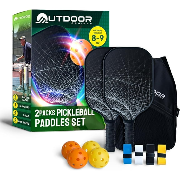 Outdoor Cruiser Pickleball Racket Set - Carbon Fiber USAPA Approved Lightweight Paddles with Polypropylene Honeycomb Core, Skill Levels, Includes 2 Rackets, a Sling Bag, 4 Balls, and 4 Grip Tapes