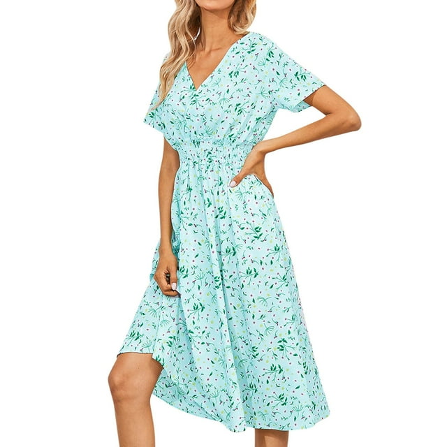Ketyyh-chn99 Robes de Printemps pour Femmes 2024 Robe Évasée à Fleurs Manches à Volants à Étages Robe Trapèze Courte Vert,P